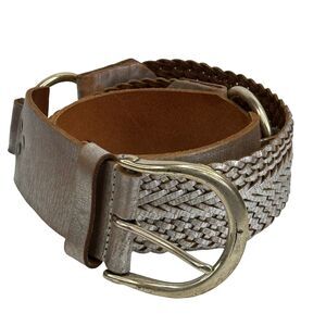 Cache Wide Metallic Braided Belt SZ S Women's Silver Woven Brass Buckle Western‎